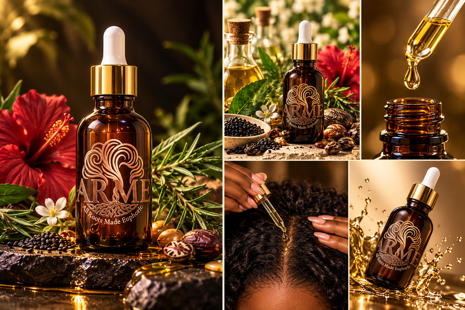 ARME amber botanical hair serum bottle surrounded by botanicals and shown in use